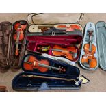 Five student violins, all in cases. IMPORTANT: Online viewing and bidding only. Collection by