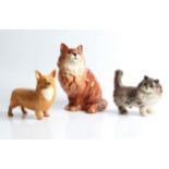 Beswick Ginger Long-haired Cat, Grey Long-haired Cat and Corgi. IMPORTANT: Online viewing and