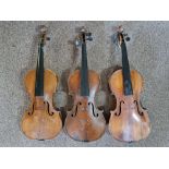 Three violins, one inscribed 'Hope' to back, one with front detached, no strings or cases.