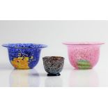 Three Ulrica Hydman Vallien for Boda Sweden glass bowls, one blue and yellow, labelled, signed and
