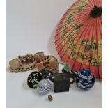 A selection of various oriental items to include umbrella, blue and white ginger jar, enamel dish,