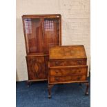 A walnut glazed top display cabinet together with a walnut three drawer writing bureau. IMPORTANT: