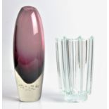 A Finnish Riihimäen Lasi Oy Aimo Okkolin purple glass vase with bubbles to base, signed to base,