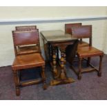 A distressed oak drop leaf table and four chairs. IMPORTANT: Online viewing and bidding only.