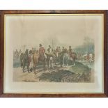 Framed fox hunting print, titled ‘The Meet’, painted by J. F. Herring Snr, engraved by J.