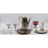 A collection of silver plate, to include a Walker & Hall card tray, a two handled serving tray, a