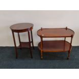 A mahogany Edwardian two tiered table together with a reproduction mahogany two tiered trolley.