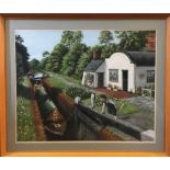 ALAN FIRTH. Framed, signed and dated 1977, acrylic on board, canal boat passing through lock, 42cm x