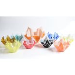 Nine various glass handkerchief bowls in orange, blue, yellow, etc. IMPORTANT: Online viewing and