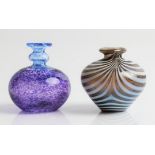 Two Bertil Vallien for Kosta Boda Sweden miniature glass vases, one blue and purple, signed and
