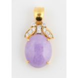 A lavender jadeite jade and diamond pendant, set with an oval lavender jadeite jade cabochon,