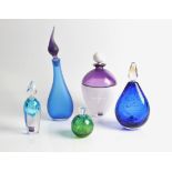 Five British studio glass perfume bottles, Stuart Akroyd purple and white, blue mini 'Zest' and