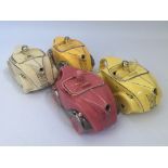 Four Sadler pink, yellow and beige racing car teapots (AF). IMPORTANT: Online viewing and bidding