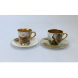 A Royal Worcester highland cattle Harry Stinton teacup and saucer, signed, with Peacock teacup and