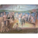 Unframed, unsigned oil on canvas, figures before lake, label verso ‘Examinations in Art 1960 for the