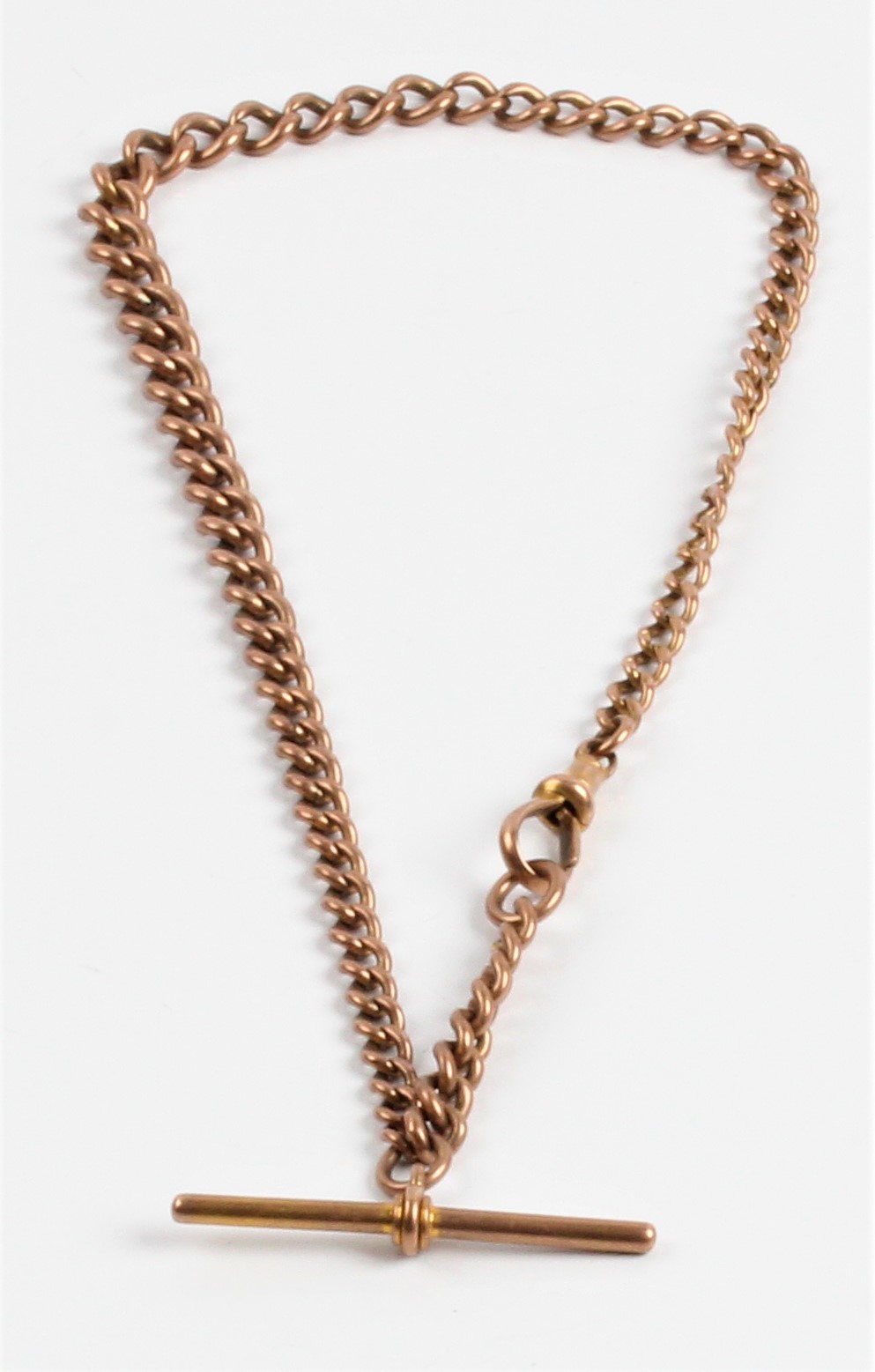 A hallmarked 9ct rose gold watch chain, with T-bar, approx. length 32cm.