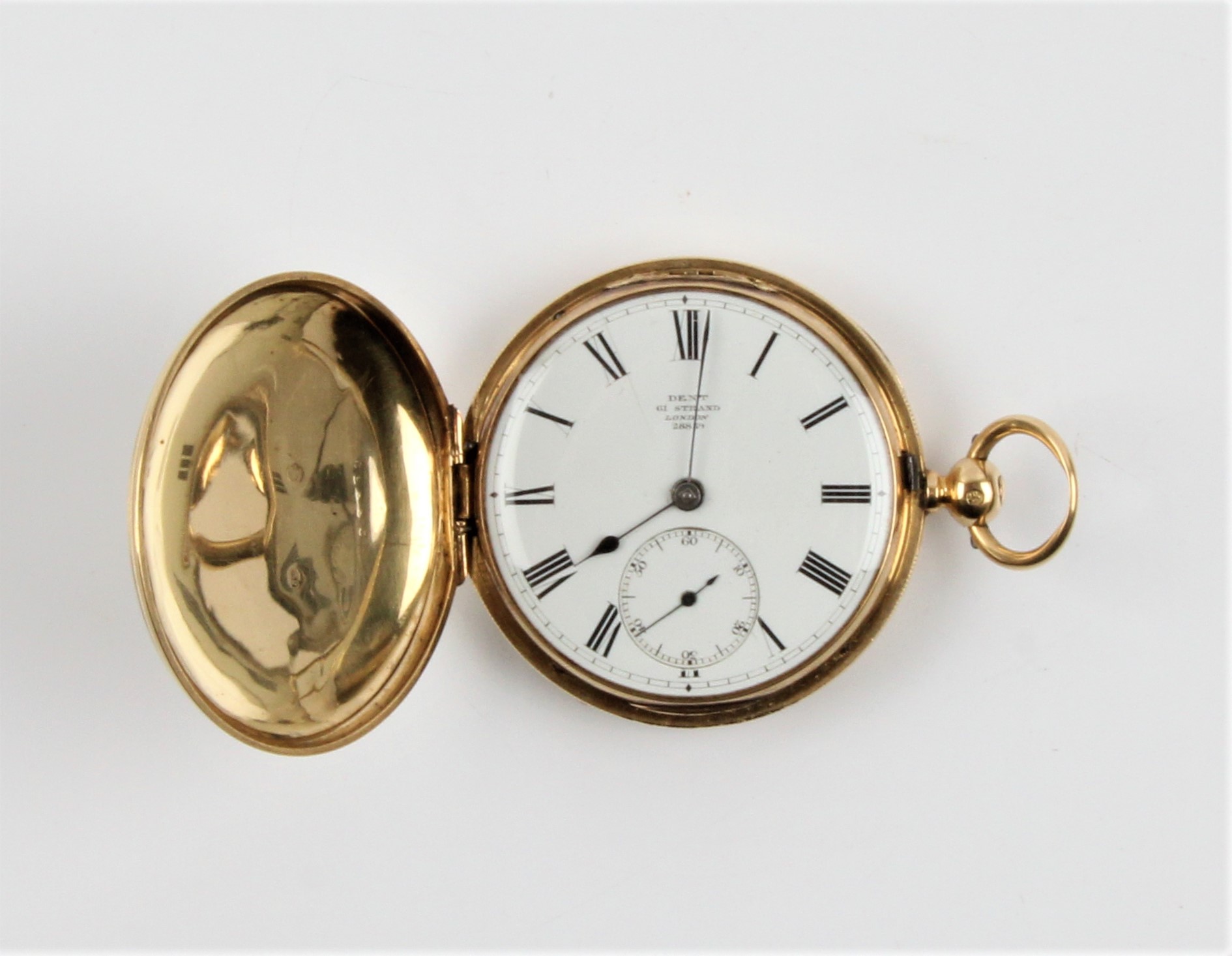 A Victorian 18ct yellow gold full Hunter DENT pocket watch, the white enamel dial having hourly