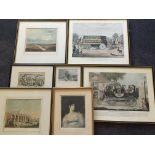 Seven framed prints including colour etchings and engravings, depicting railways, steam carriages,