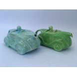 Two Sadler mottled green and blue racing car teapots. IMPORTANT: Online viewing and bidding only.
