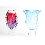 Two Czech Chribska Josef Hospodka glass vases, one pink and purple, one blue, approx. heights