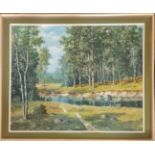 Two framed, signed oil on canvas, one by De Horier, path leading to chalet and snowy mountain