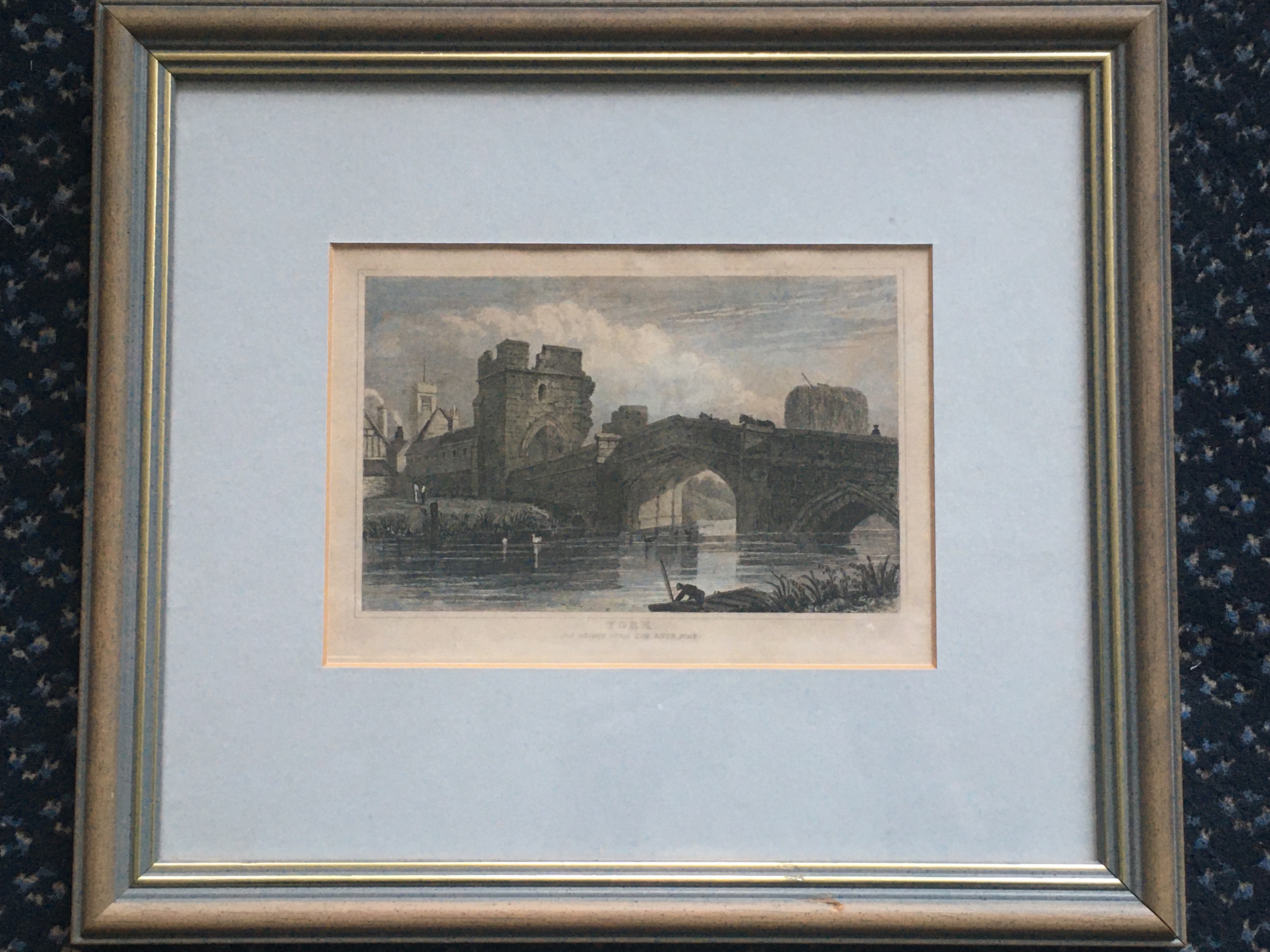 Two framed colour engravings titled ‘York, Old Bridge over the River Foss’, 11cm x 16cm, and ‘West