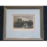 Two framed colour engravings titled ‘York, Old Bridge over the River Foss’, 11cm x 16cm, and ‘West