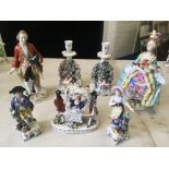 Five Meissen style figures and figure groups, lady in litter, male and female with grapes, etc, with
