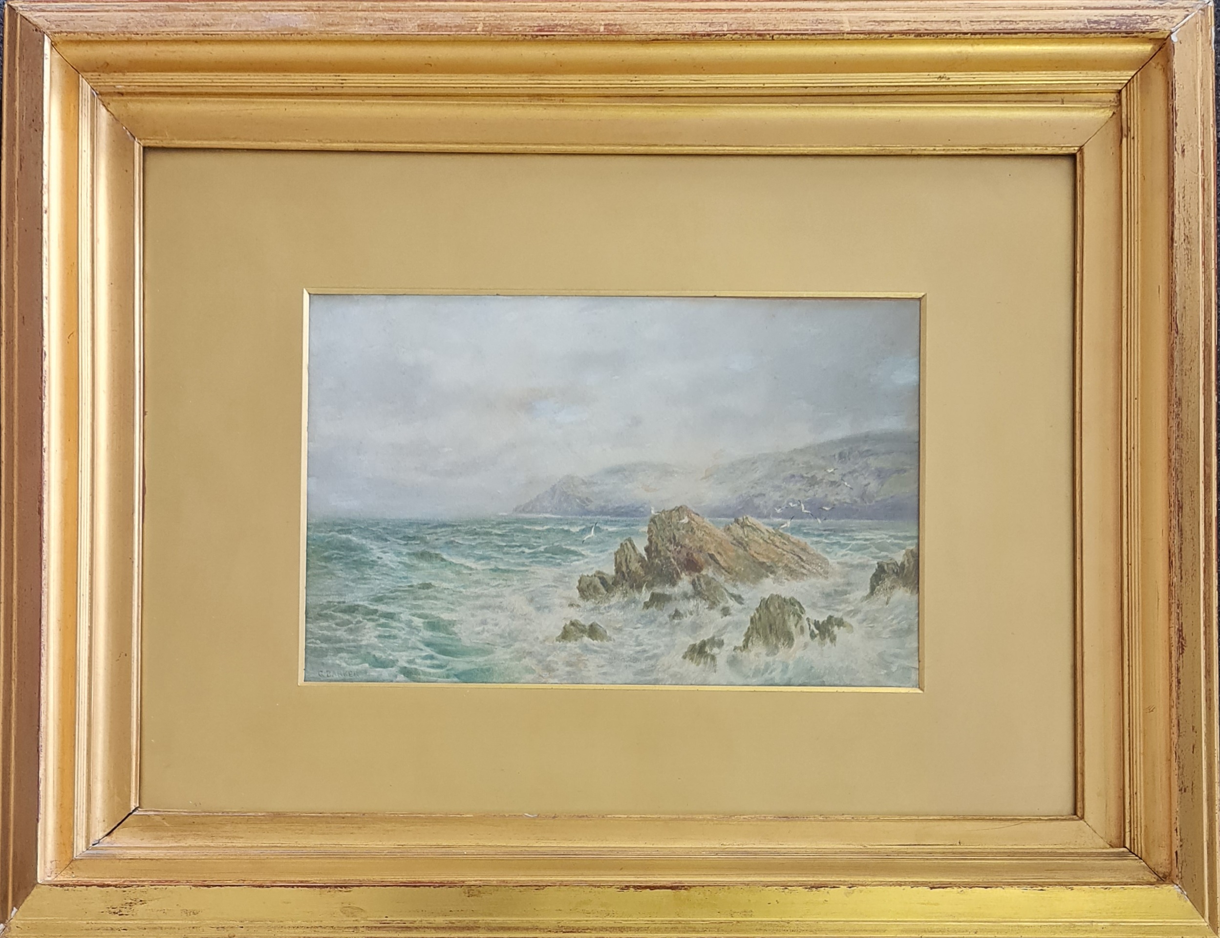 GEORGE BARKER. Framed, signed watercolour on paper, seagulls flying over rocks at sea, 26cm x