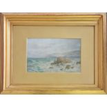 GEORGE BARKER. Framed, signed watercolour on paper, seagulls flying over rocks at sea, 26cm x