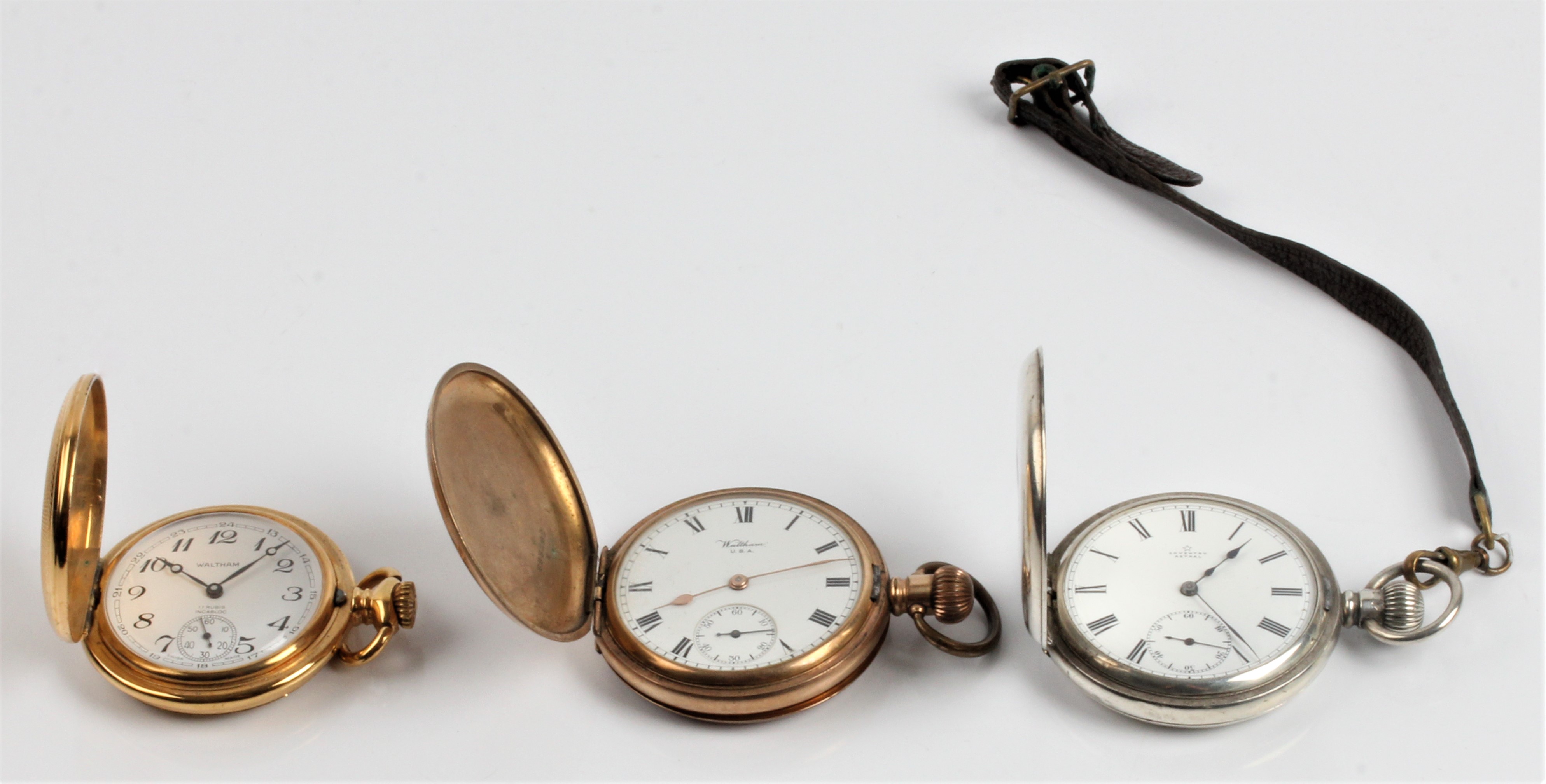 A gold plated full hunter Waltham U.S.A pocket watch, the white enamel dial having hourly Roman