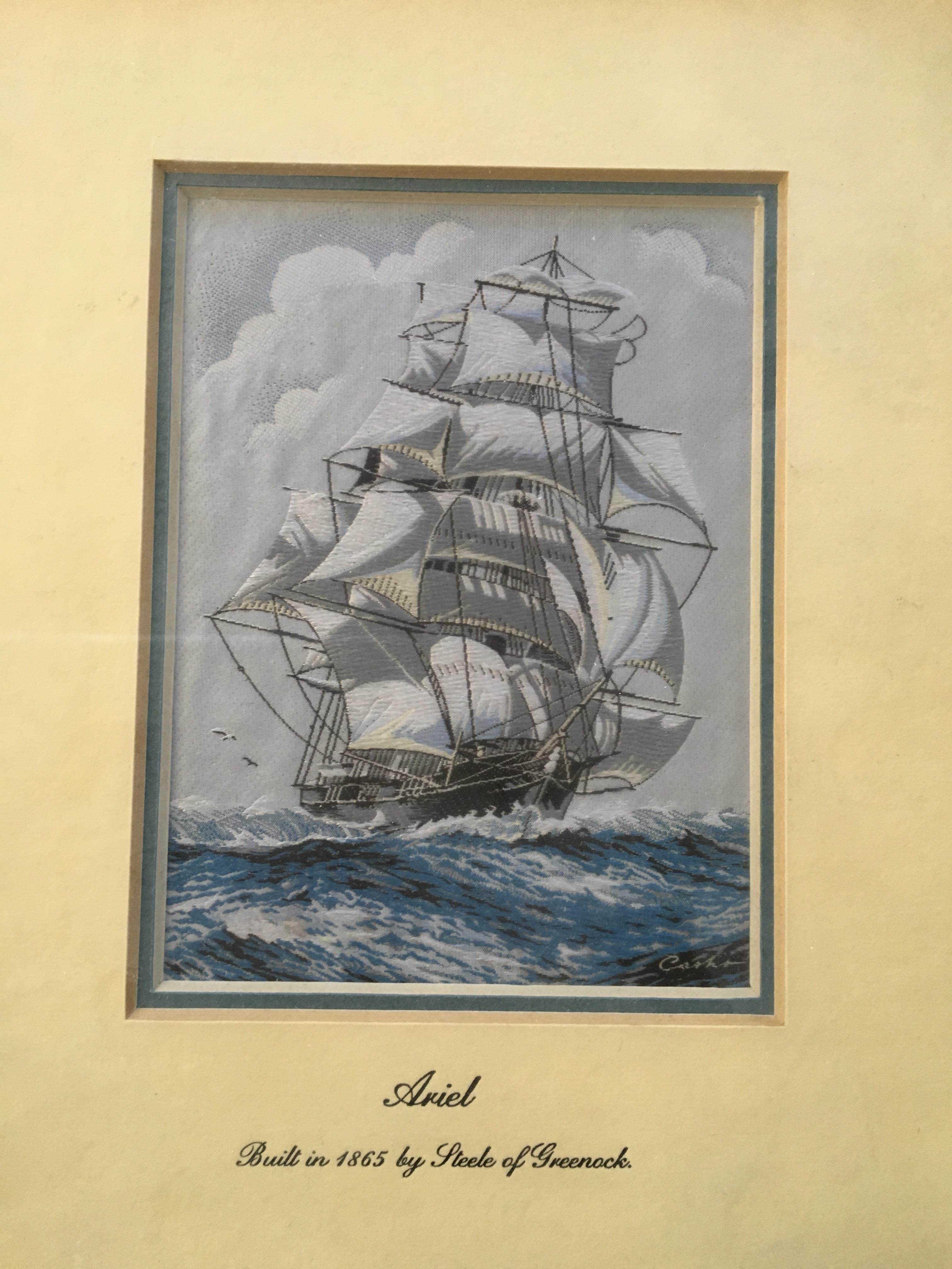 Two framed, woven in silk pictures, one titled ‘Ariel Built in 1865 by Steel of Greencock’ Cashs