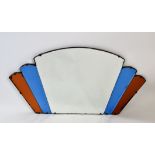 An Art Deco style multi glass panel wall mirror with blue and amber glass to sides, 40cm x 70cm.