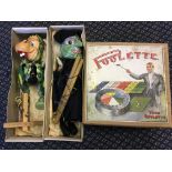 Two Pelham puppets, Witch and Baby Dragon in boxes, with Poolette board game. IMPORTANT: Online