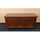 18th century oak peg joint three panels to front carved motif border blanket box IMPORTANT: Online