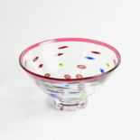 A Michael James Hunter Twists Scottish glass Tutti bowl with red rim, signed and labelled to base,