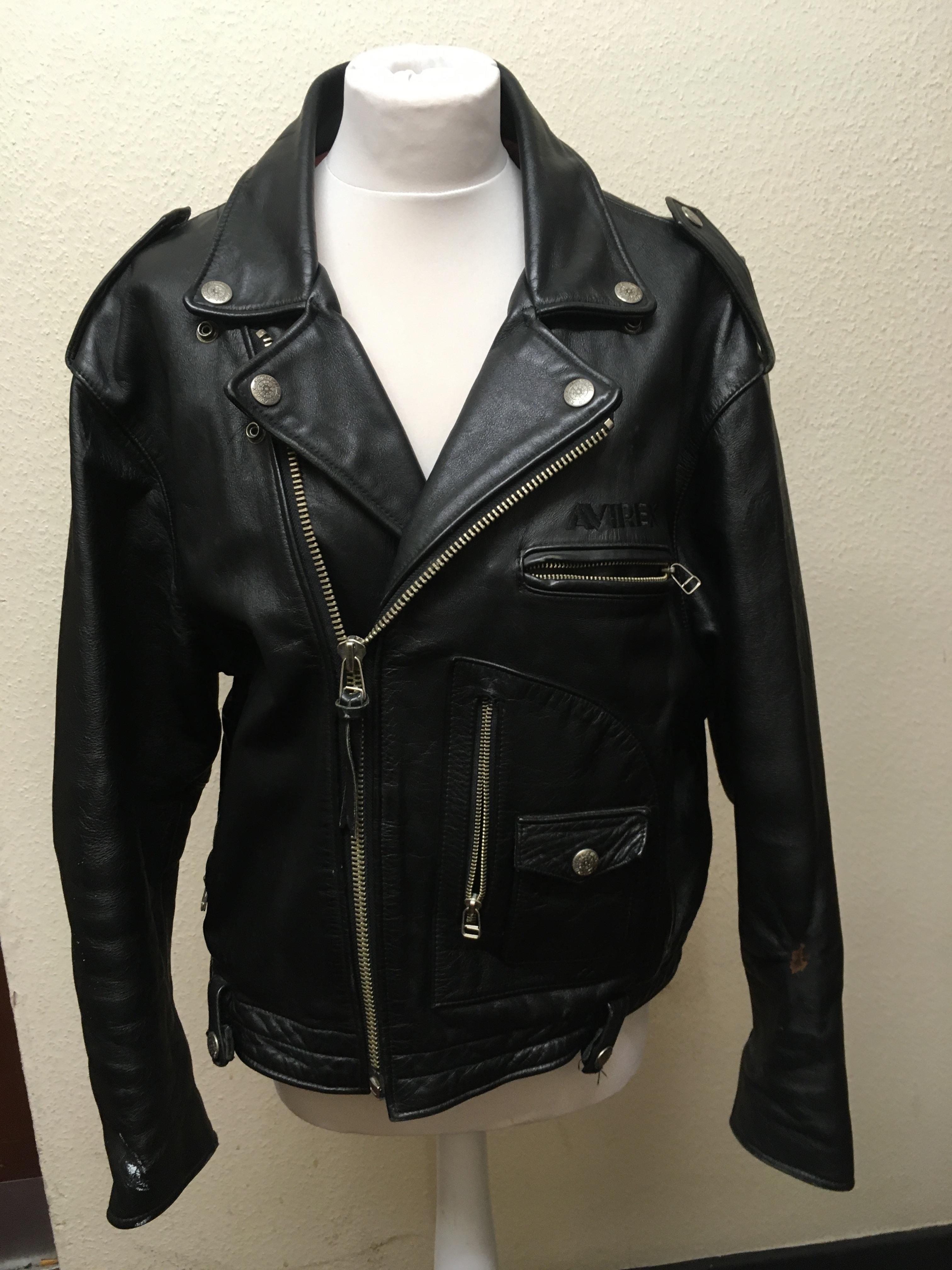 An Avirex large black leather motorcycle jacket. IMPORTANT: Online viewing and bidding only. No in