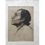 GEORGE WOOLLISCROFT RHEAD. Two framed, signed, etchings, man with a horse, profile portrait of a