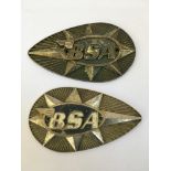 A pair of BSA tank badges. IMPORTANT: Online viewing and bidding only. No in person collections,