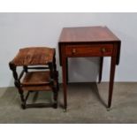 A mahogany single drawer side table, together with two oak footstools and an oak square topped