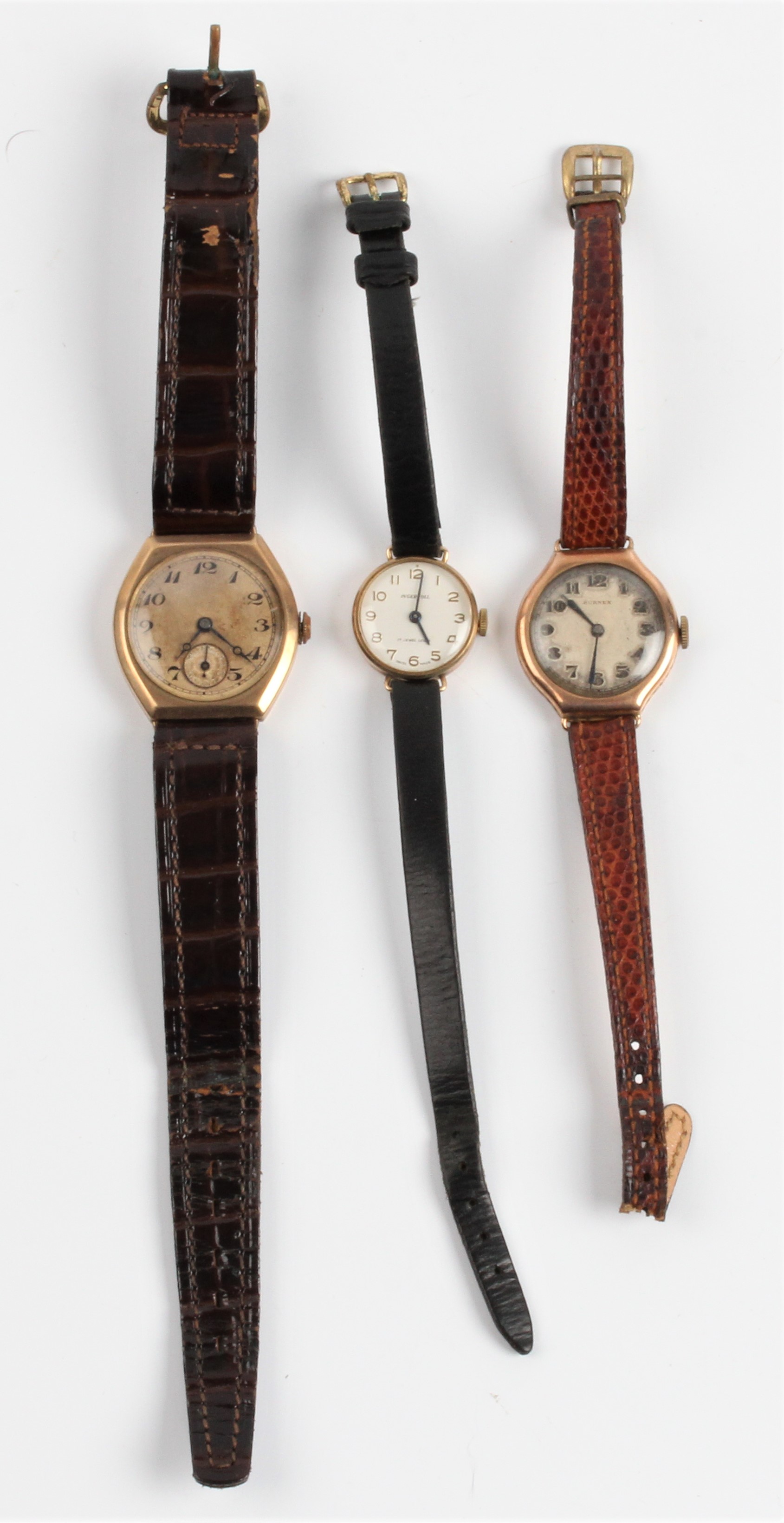 A gents 9ct yellow gold cased wrist watch, together with a ladies Burnex wrist watch case stamped