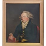 Framed, unsigned oil on canvas, portrait of Georgian gentleman holding ‘Order Book 1790’, 75cm x