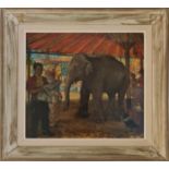 THOMAS RYAN (b. 1929). Framed, signed, titled ‘Jumbo’, elephant in circus tent, 39cm x 44cm. (ARR)