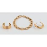 A hallmarked 9ct yellow gold bracelet, a ring stamped 9kt and a hallmarked 9ct yellow gold single
