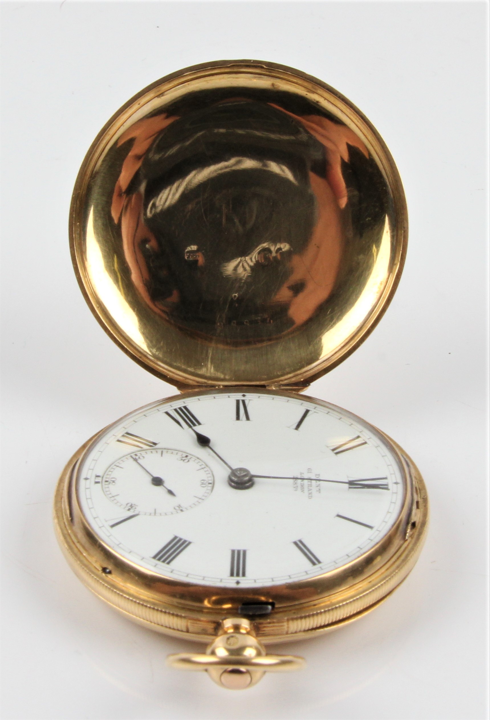 A Victorian 18ct yellow gold full Hunter DENT pocket watch, the white enamel dial having hourly - Image 3 of 3