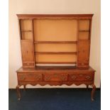 18th century oak kitchen dresser with three drawers to base and raised plate rack with cupboard