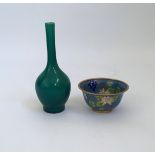 A Chinese Qing dynasty bottle green glazed vase, height 18cm, together with blue cloisonné butterfly