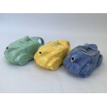 Three Sadler mottled blue and yellow racing car teapots. IMPORTANT: Online viewing and bidding only.
