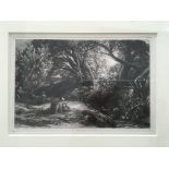 SAMUEL PALMER. Framed, signed, titled ‘The Morning of Life’, etching, people by a river, 13.5cm x