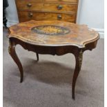 A 19th century walnut French style single drawer table inlaid top, mounted with brass Cherubs to